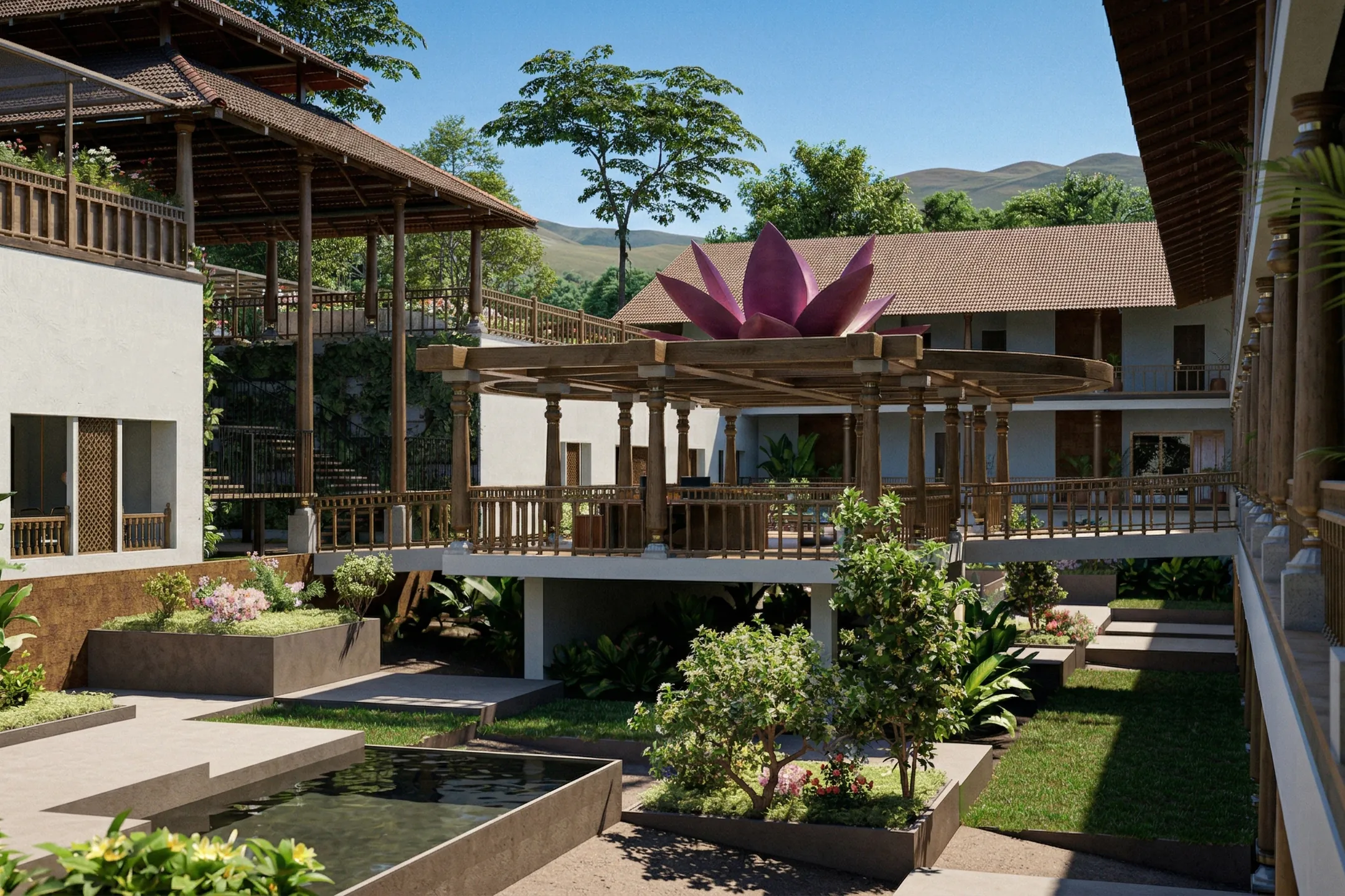 Inner courtyard at Vibez Niharika with lotus sculpture and traditional pillars